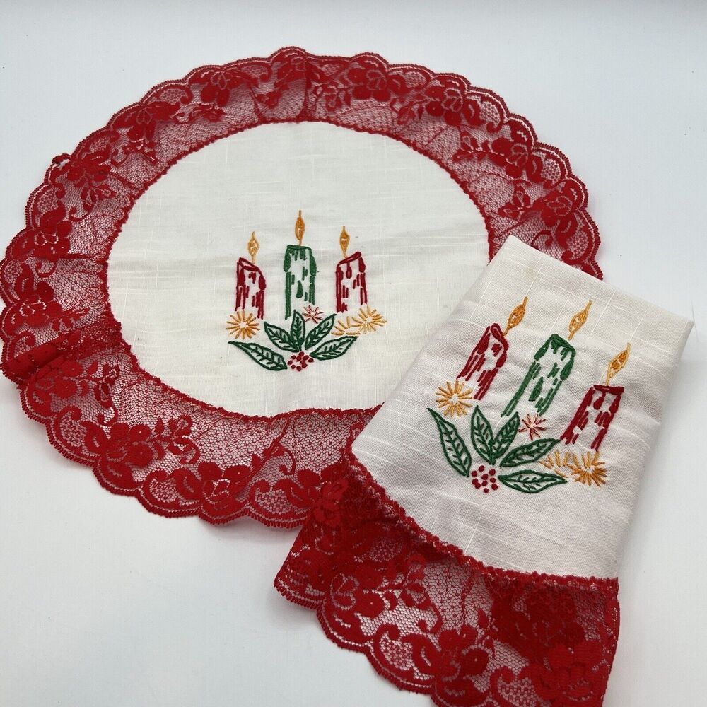 Set 2 Vtg Embroidered Christmas Doily Candle Lace Red White Kitsch Handmade 13"
